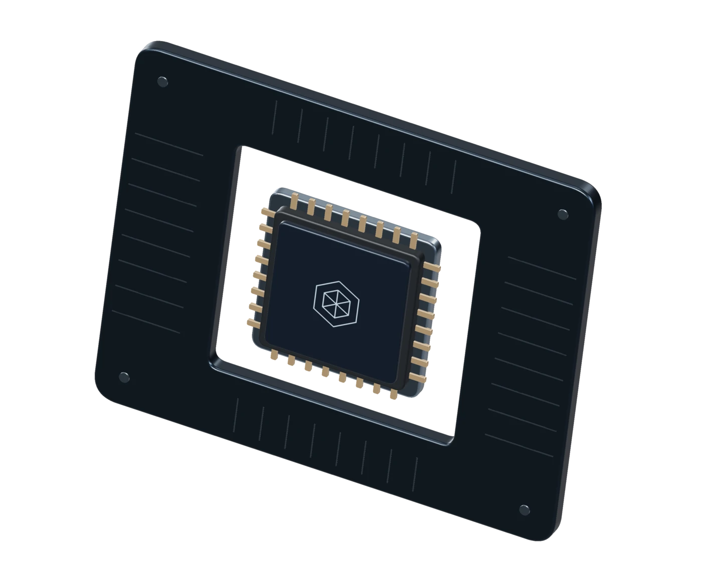 Conceptual 3D illustration of a secure chip physically separated from the surrounding circuitry