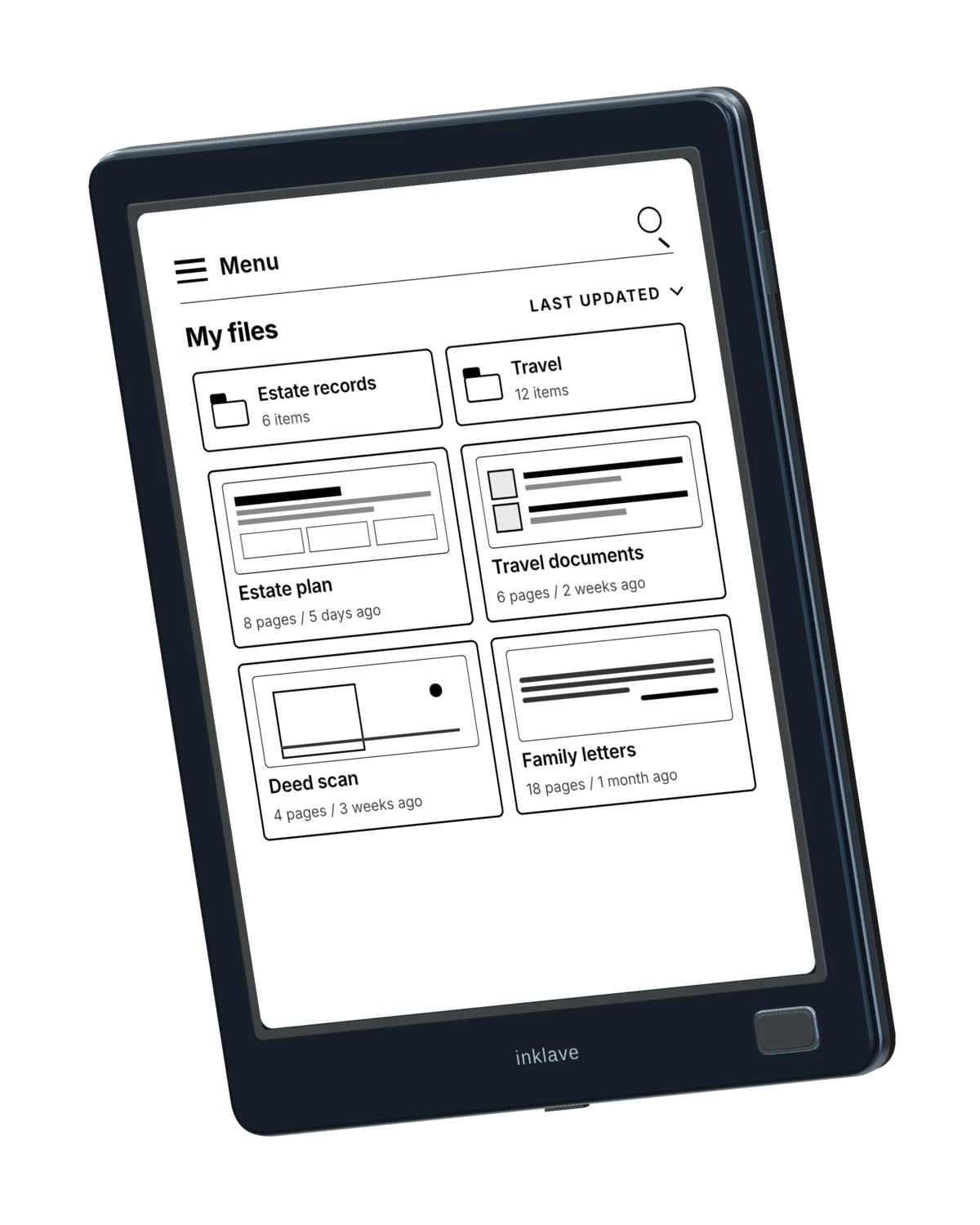 3D Inklave tablet concept with a refined document-library screen, graphite enclosure, and metallic edge